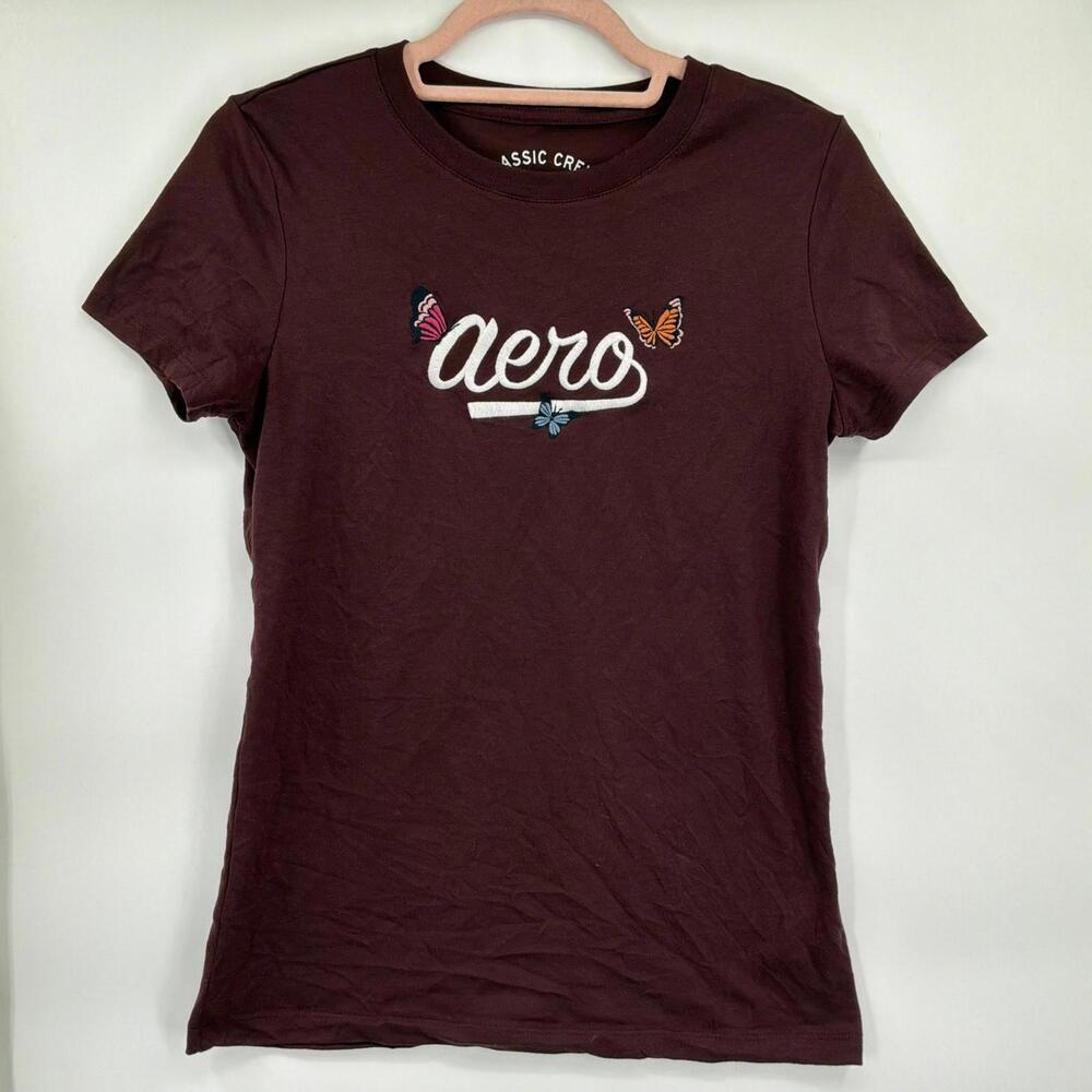 Aeropostale Brown Butterfly Aero Print Classic Crews T-shirt Size Medium